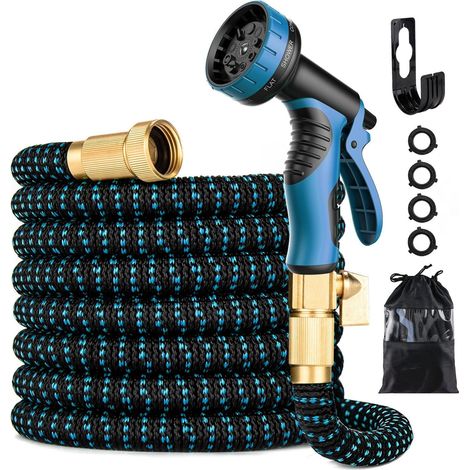 HadinEEon 15 m Gartenschlauch, strapazierfähiger Gartenschlauch mit 10-Funktions-Düse, 3/4-Zoll-Anschlüssen aus massivem Messing, verdrehsicher, leicht, ideal zum Bewässern und Waschen (Blau) (1/5)