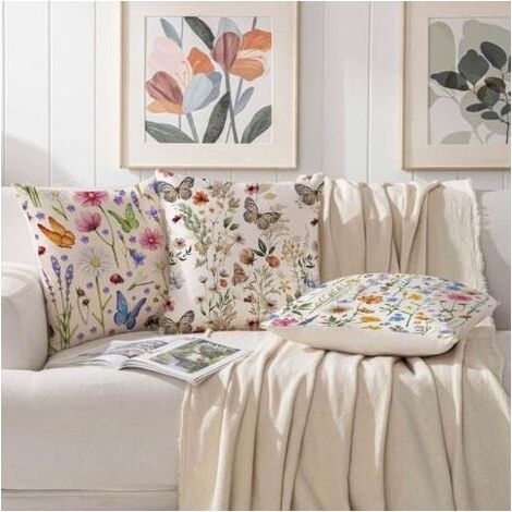 Housse de Coussin de Printemps 45x45 Motif Floral pour Canapé D'extérieur Taie Oreiller Coussin Decoratif Canape à Rose Beige Fleurs Feuilles Papillons Lot de 2 (1/5)