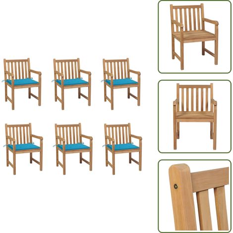 Gartenstühle 6 Stk. mit Blauen Kissen Massivholz Teak - Gartenstühle - Holzmöbel - Teakholz Gartenmöbel - Outdoor Möbel - Garten Dekoration (1/5)