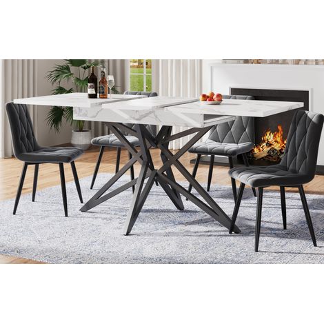 Ensemble de salle à manger MDF effet marbre blanc et métal, table extensible 120/160x80x66,1 cm avec 4 chaises gris foncé (1/5)