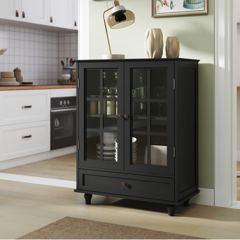 MODFU – Credenza vetrina 71x38x93 cm in MDF e vetro temperato con 2 ante in vetro, cassetto, ripiano regolabile, finitura UV, piedini in legno massello e carico 45 kg – Nero (1/5)