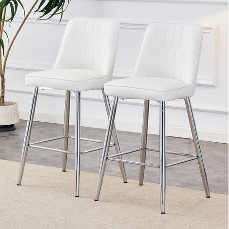 REDOM - Juego de 2 taburetes de bar, 100 cm, con reposapiés, respaldo ergonómico, metal y polipiel blanca y plateada. (1/5)