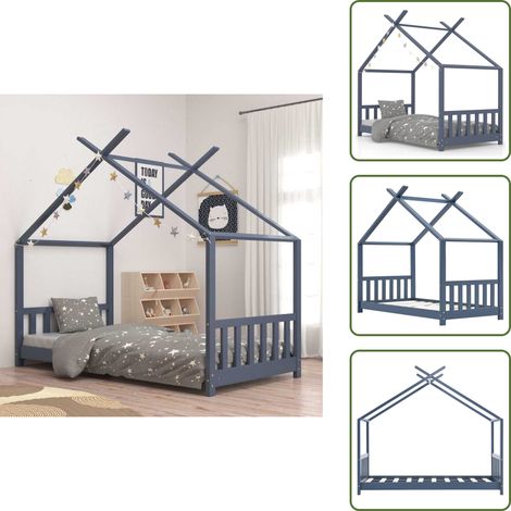 Letto per bambini grigio - vidaXL Giroletto per Bambini Grigio in Legno Massello di Pino 80x160cm - Letto per bambini con tende