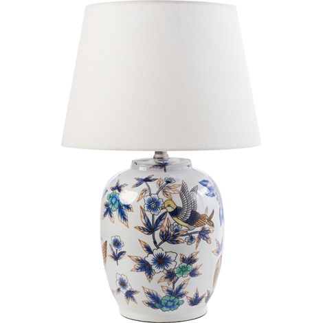 Lámpara de mesa elegante con base de porcelana con diseño floral pantalla de campana de lino iluminación blanco y azul Sunja
