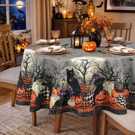 Nappe ronde Ø 180 cm avec chat noir, lavable, polyester