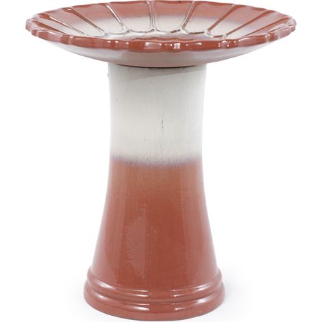Bañera para pájaros de cerámica artesanal Ø 43 cm H 45 cm, esmalte rojo óxido y blanco