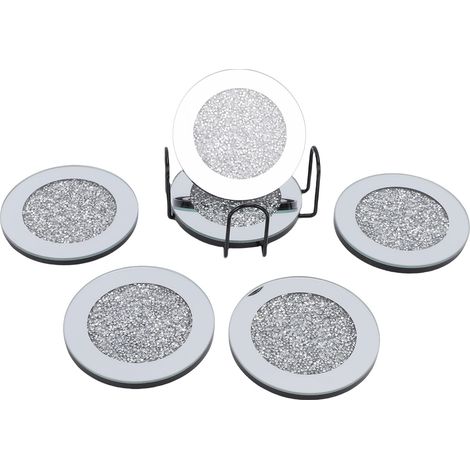 Lot de 6 dessous de verre miroir ronds avec support, pour table basse, cuisine, bar, décoration intérieure, argentés (1/5)