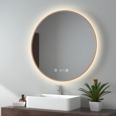 EMKE Specchio da bagno LED con interruttore touch, antiappannamento, orologio, temperatura, dimmerabile, funzione memory, luce neutra, diametro 80 cm cornice in rame