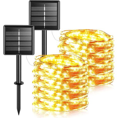 Solar-Lichterkette, 12 m, 100 LEDs, warmweiß, wasserdicht, Kupferdraht, dekorative Beleuchtung für Garten, Terrasse, Hof, Haus, Weihnachten, Hochzeit, Party, [2er-Pack] (1/3)