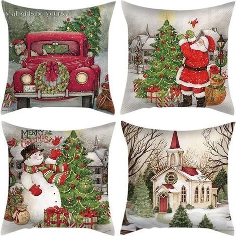 Housse de Coussin Noël 45 x 45,4PCS Lin de Coton Taie d'oreiller Noël Hiver Père Noël,Decoration Noel,Wapiti Bonhomme de Neige Modèle Christmas Pillow Covers pour Canapé-lit de Salon Voitures (1/5)