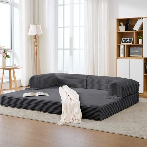 Canapé convertible 2 places en velours côtelé, sofa au sol transformable en lit double gain de place (1/5)