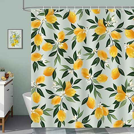 Rideau de Douche Citron Fruit Feuilles Vertes 180 x 180 cm Rideau de Bain Tissu Polyester Anti Moisissure Imperméable Lavable Rideaux Salle de Bain avec 12 Crochets pour Baignoire (1/5)