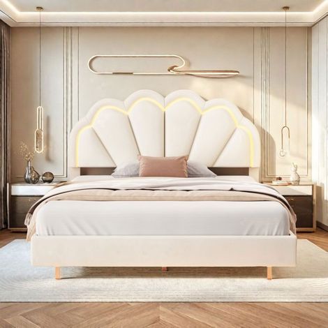 Letto 140x200 cm - Struttura del letto - Tessuto velluto beige - LED integrato - Testata imbottita