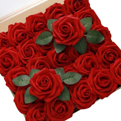 50 roses artificielles réalistes en mousse, pour décoration DIY de mariage, arrangement floral, fête et décoration intérieure (rouge)-AquaForge (1/5)
