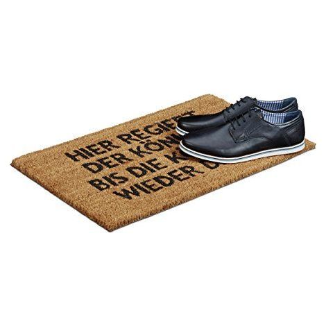Paillasson fibre de coco Tapis d'entrée Rectangle avec impression en allemand 'ici règne le roi, jusqu'à ce que la reine revienne' humour natte de sol essuie-pieds Lxl: 60 x 40 cm, marron (1/5)
