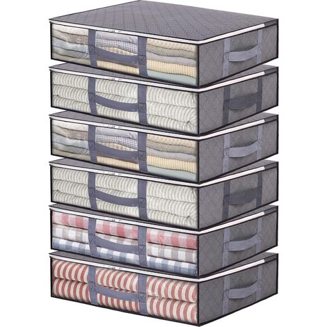 Lot de 6 boîtes de rangement pliables sous le lit - 40 l - Grande capacité - Avec fenêtre transparente - Poignées renforcées - Fermeture éclair - Pour couettes, couvertures, linge de lit (1/5)