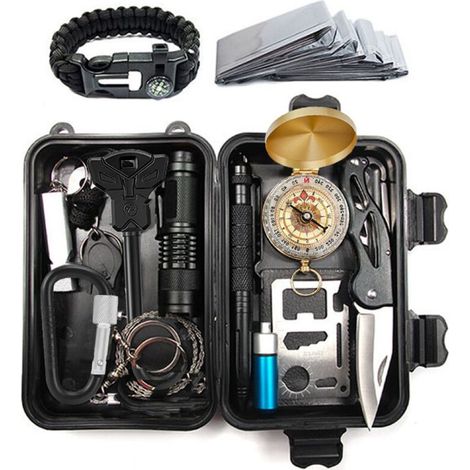 EASYCOMFORT Kit de Survie Complet + Trousse de Secours + Paille Filtrante + Sac + Pierre Allume Feu Couverture Pince Multifonction Outils Accessoire Militaire Boite Complète Gadget Premiers Soins Pêch