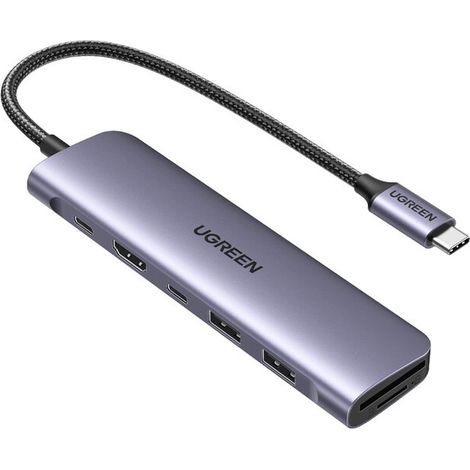 6-in-1-Hub-Adapter mit USB-C, HDMI, USB-A, USB-C PD, SD- und TF-Kartenleser – grau