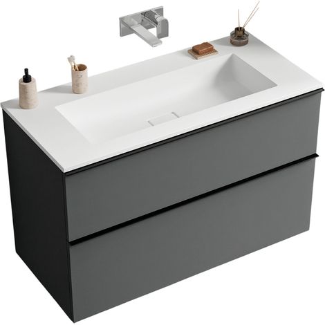 Unterschrank Bernstein LAVOA 80 cm mit Mineralguss Waschbecken BRUXELLES - Badmöbelfarbe Anthrazit matt, Griff Chrom, Waschbecken Weiß matt ohne Hahnloch