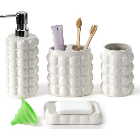 Lot de 4 accessoires de salle de bain en céramique - Distributeur de savon - Porte-brosse à dents - Porte-savon - Ensemble d'accessoires de salle de bain avec structure en galets - Lavabo moderne (1/5)