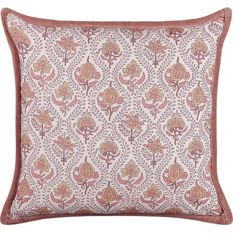 Cojín de algodón rojo claro blanco crema 45 x 45 cm patrón floral flecos Picea