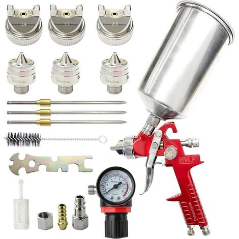 Pistolet à Peinture 1000cc 3 Buses 1.4mm 1.7mm 2.0mm, Pistolet à Pulvérisation à Alimentation par Gravité avec régulateur d'air (Rouge) (1/3)