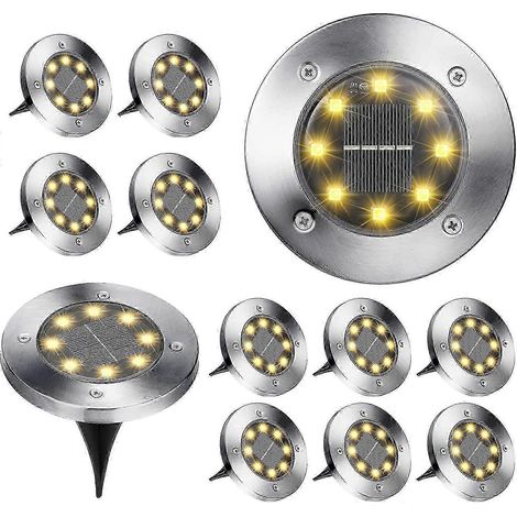 Ensemble de 6 lampes solaires pour le jardin, 8 spots LED encastrés au sol, blanc chaud 3000 K, étanches (IP65), pour allées, terrasses et pelouses. (1/4)
