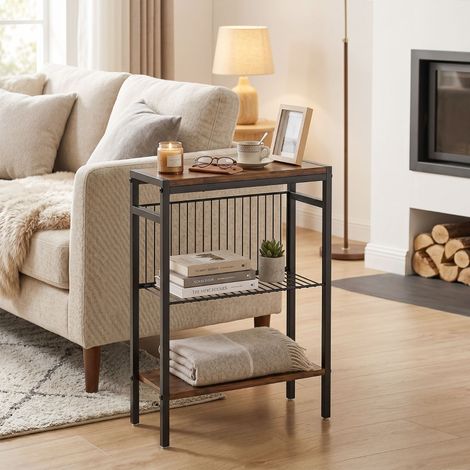 Table d'appoint à 3 étagères, petite table de chevet avec structure en métal, marron rustique pour salon (1/4)