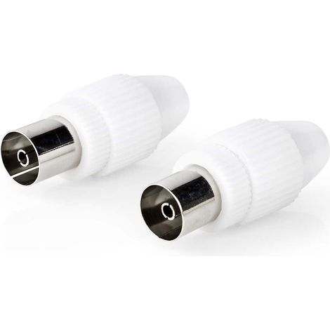 Conector IEC (coaxial)  Recto  Hembra  Niquelado  75 ohmios  Tornillo  Diámetro de entrada del cable: 7,0 mm  Metal/PVC  Blanco  2 uds.  Caja
