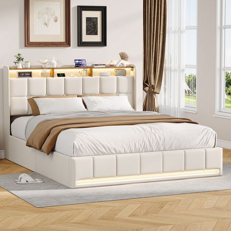 Lit Coffre 140x190 avec LED , USB et Type-C, Lit Double Rembourré avec Rangement Cadre de Lit , sommier à lattes,Lin,Beige
