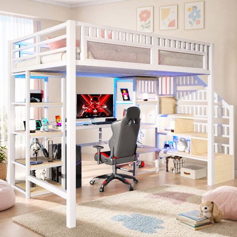 Hochbett 140x200 cm Weiß aus Metall und MDF mit Schreibtisch, LED-Lichtleiste, USB-Anschluss und Stauraum (1/5)