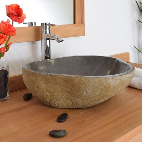 Vasque à poser en pierre de rivière Eden-Roc 60 – Diamètre 55-65 cm – Hauteur 15 cm – Finition polie à l'intérieur – Ocean Line (1/10)