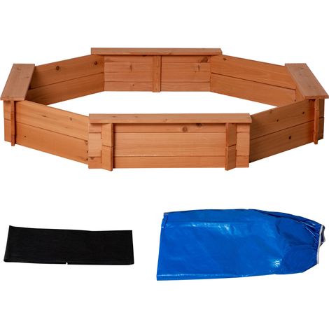 Achteckiger Sandkasten aus Massivholz, 140 x 140 x 21,5 cm, mit 4 Bänken, UV-Schutzabdeckung und Vliesboden, orangefarbenes Outdoor-Spielset