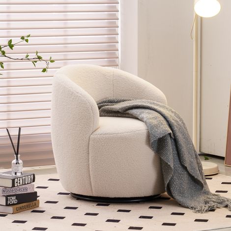 008S Teddy Fabric Swivel Accent Armchair Barrel Chair With Black Powder Coating Metal Ring, Ivory White