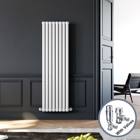 ELEGANT 1600 x 480 mm White Vertical Radiator Single Oval Panel Radiator Central Heating Radiators + Chrome Thermostatic Radiator Valves (1/5)