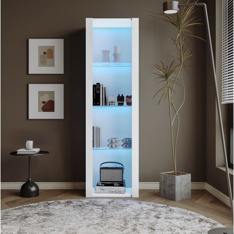 Vitrina 55x38x166 cm blanca en tablero de partículas con acabado alto brillo, 3 estantes de vidrio e iluminación LED APP (1/5)