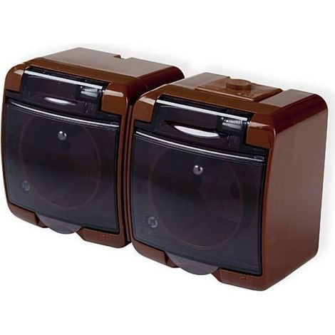 Prise Double Étanche IP54 - 16 A - 250 V - 2 Pôles + Terre - Pour Extérieur et Locaux Humides - Marron (1/2)