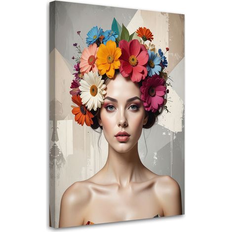 Impresión de Imagen Mujer con flores en la cabeza en beige 20x30 (1/5)