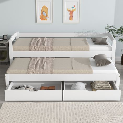 Lit de jour,lit simple et double,lit coulissant avec roulettes en bas,avec 2 tiroirs en MDF,cadre en bois massif,blanc (200x90cm/190x90cm)