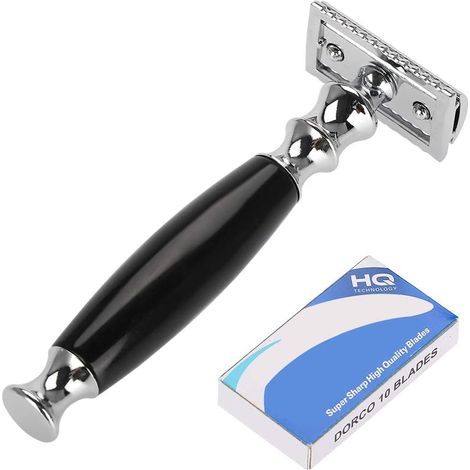 Rasoir Double pour Hommes, Rasoir en Acier Inoxydable avec Poignée en Alliage et Poignée Antidérapante, pour un Usage Domestique et en Voyage (noir + 1 boite de lames) (1/5)
