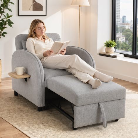 Fauteuil convertible 1 place, 3 en 1, convertible en lit grâce à son mécanisme clic-clac, dossier réglable, tablette latérale rabattable, gris (1/5)