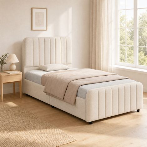 MEUBLIV Lit 90x200 cm beige – tête de lit, rangement hydraulique et cadre à lattes, sans matelas (1/5)