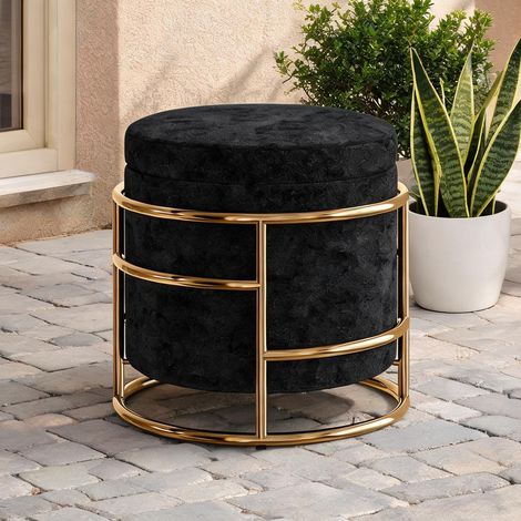 Pouf de rangement rond en velours noir et cadre doré 42 cm (1/5)