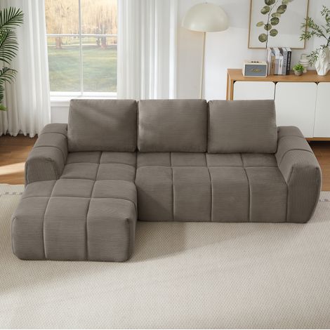 Canapé d'angle avec coussins amovibles, en velours côtelé taupe, 255x162x84 cm (1/5)