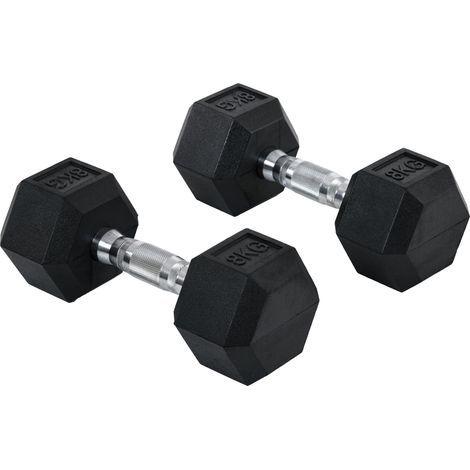 Haltères hexagonales en fonte avec poignées moletées, lot de 2 pièces de 8 kg chacune, revêtement caoutchouc noir, pour entraînement en salle ou à domicile (1/5)