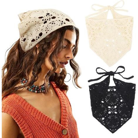 Foulard triangulaire en crochet style vintage, accessoire pour cheveux en maille ajourée, style rustique, ensemble deux pièces (1/5)