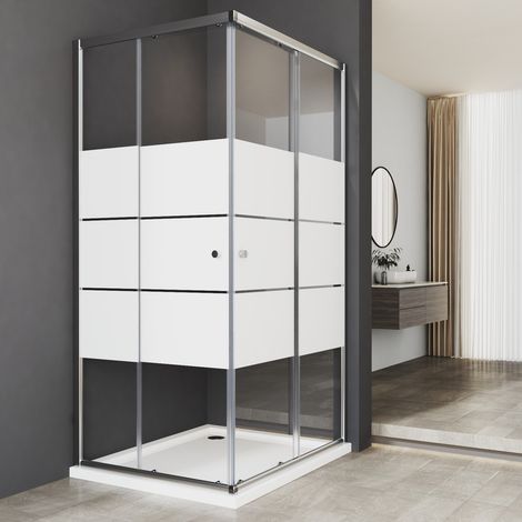 WDWRITTI Duschkabine 100x100cm Eckeinstieg Schiebetür, Duschabtrennung Duschwand mit Doppel Schiebetür, 6mm ESG Glas mit weißen Querstreifen-Dekor, Höhe 185cm