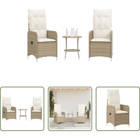 Gartentisch - Gartensessel 2 Stk. Verstellbar mit Tisch Beige Poly Rattan (1/5)