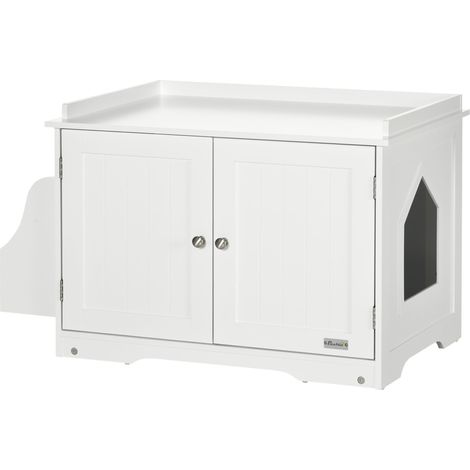 Katzentoilette, Katzenhaus, mit Trennwand, magnetischer Doppeltür, seitlicher Ablage, weiß, 86 x 48 x 52cm