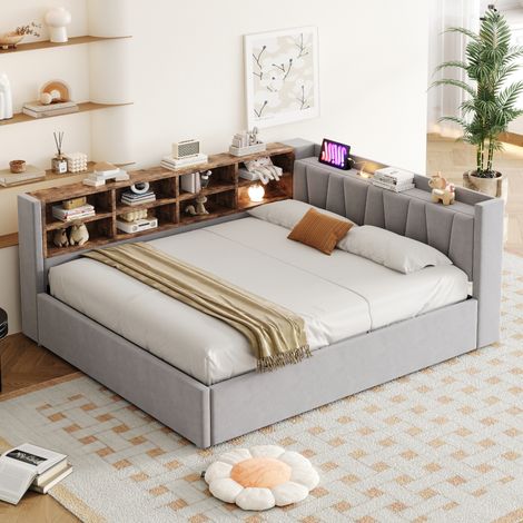 Lit/canapé-lit capitonné 140 x 200 cm, avec rangement hydraulique, veilleuse, ports de chargement USB et Type-C, étagères et compartiments de rangement, tête de lit capitonnée, lit multifonctionnel en (1/5)